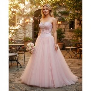 Light‎ Pink Beaded Gown Dress Size 10 Strapless Princess Quinceanera With Shawl